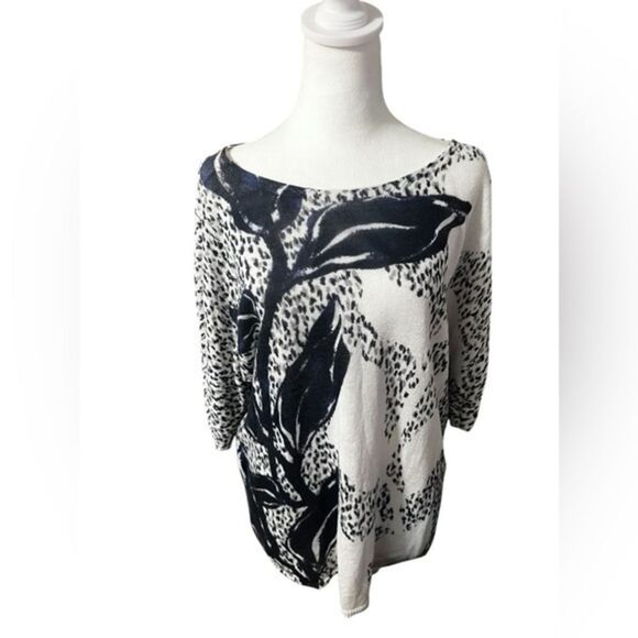 Nic + Zoe Linen Blend Sweater short sleeve white and blue flower large - Picture 1 of 12